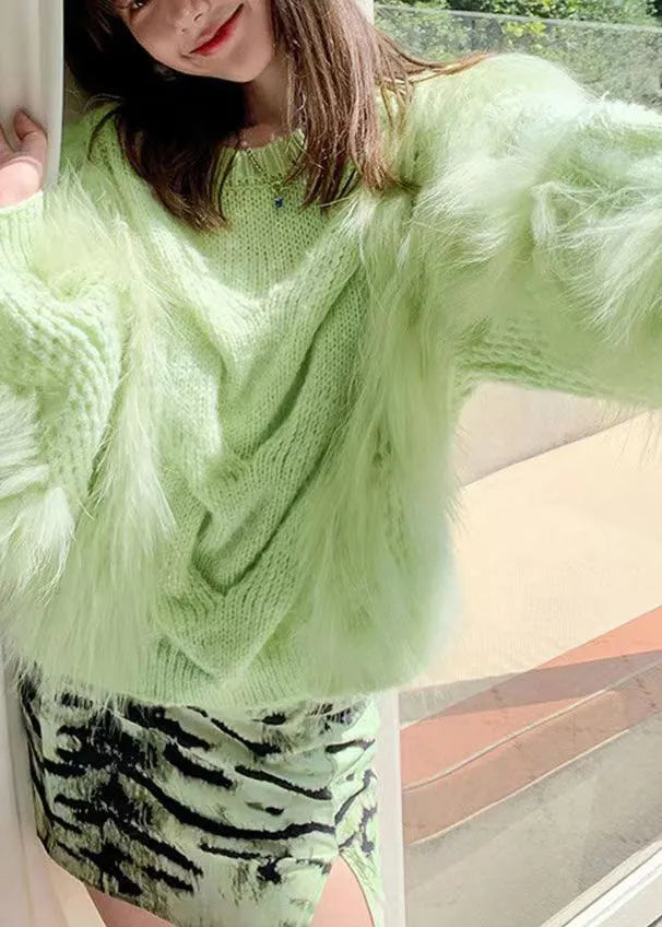 Green O Neck Raccoon Fur Patchwork Knit Pullover Lantern Sleeve