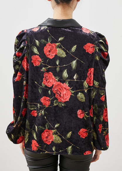 French Black Double Breast Velour Coats Puff Sleeve