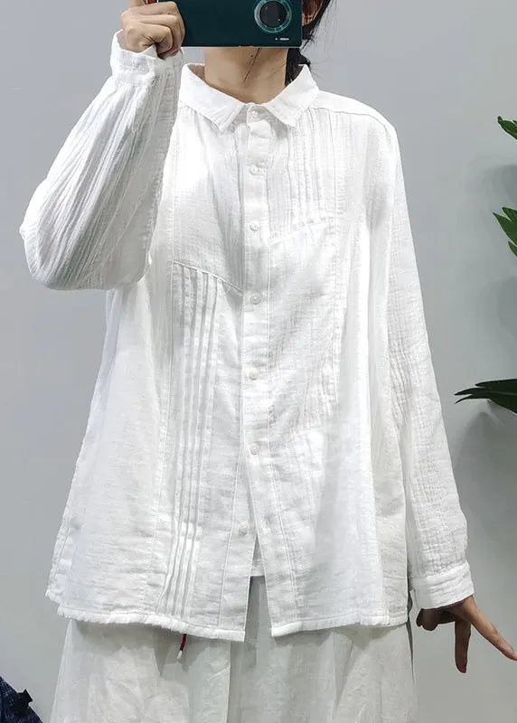 Classy Green Button Peter Pan Collar Wrinkled Cotton Shirts Long Sleeve