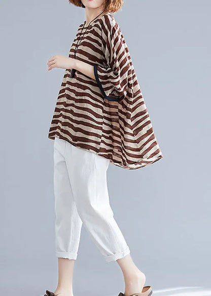 Boutique Chocolate Striped Asymmetrical Patchwork Cotton Top Short Sleeve