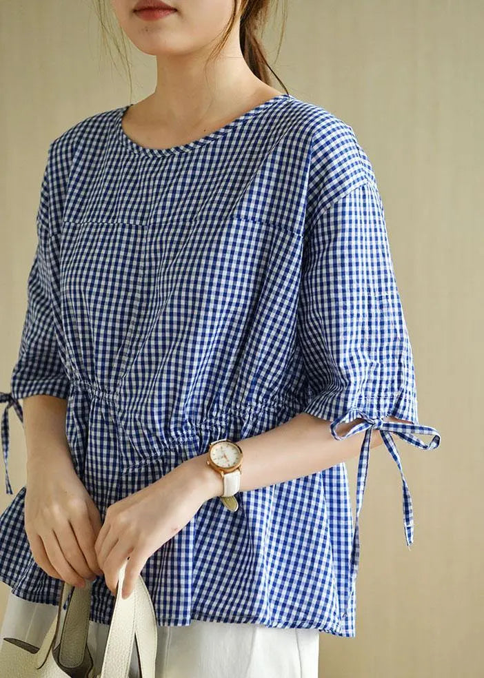 French Blue Plaid Patchwork Drawstring Summer Cotton Half Sleeve Blouse Top