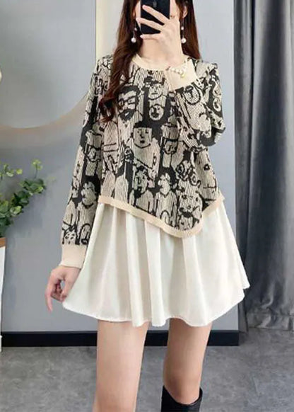 Chocolate Asymmetrical Design Patchwork Print Fall Knit Sweaters