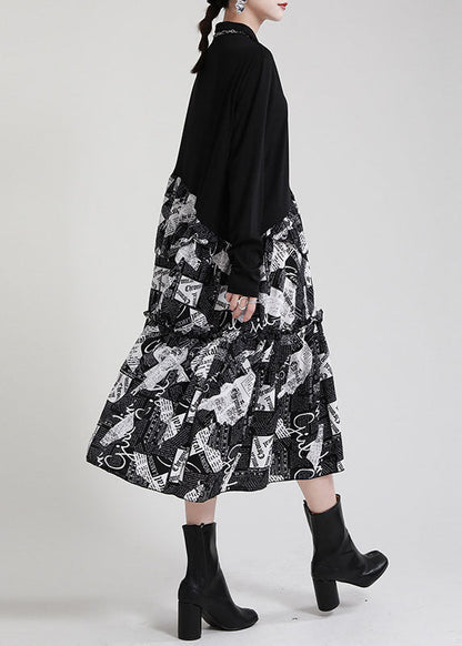 Black Peterpan Collar Patchwork Asymmetrical Design Ruffled Fall Dress Long Sleeve