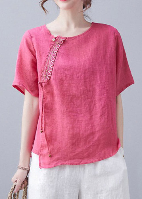Simple Rose O-neck Asymmetrical Design Embroideried Top Short Sleeve