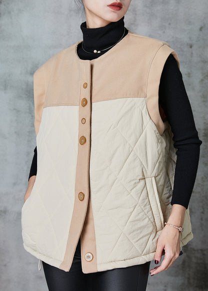 Diy Khaki Oversized Patchwork Fine Cotton Filled Puffers Vests Spring