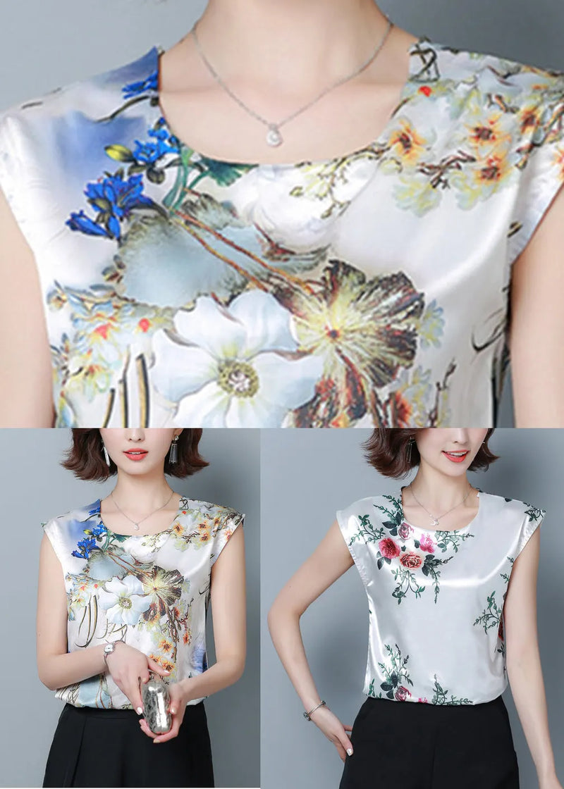 French Green Print O-neck Silk Shirt Tops Short Sleeve