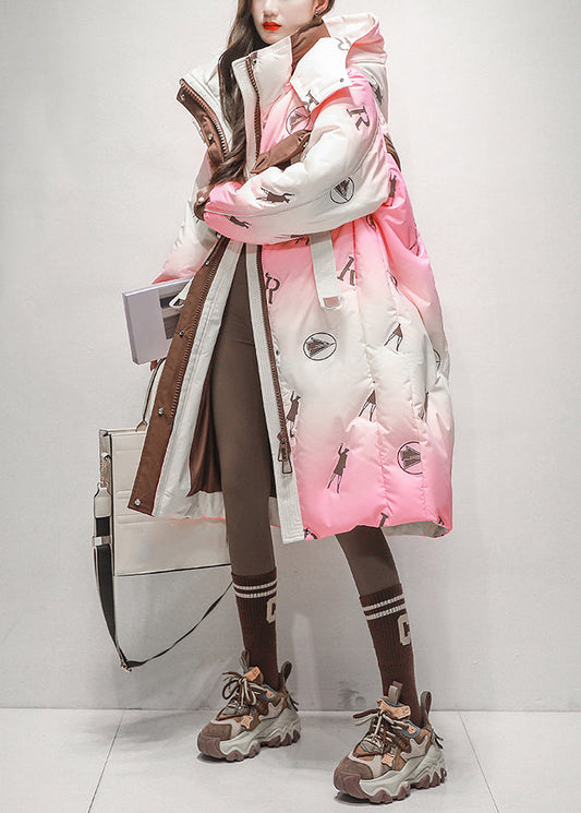 Pink Gradient Color Hooded Zippered Duck Down Long Coats Winter
