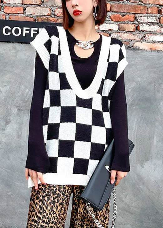 White Plaid V Neck Fall Knit Vest