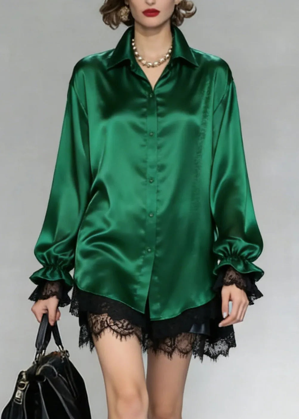 Green Peter Pan Collar Patchwork Silk Shirt Spring