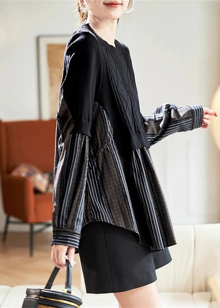 Black O-neck Fake Two Pieces Cotton Knit Patchwork Top Spring