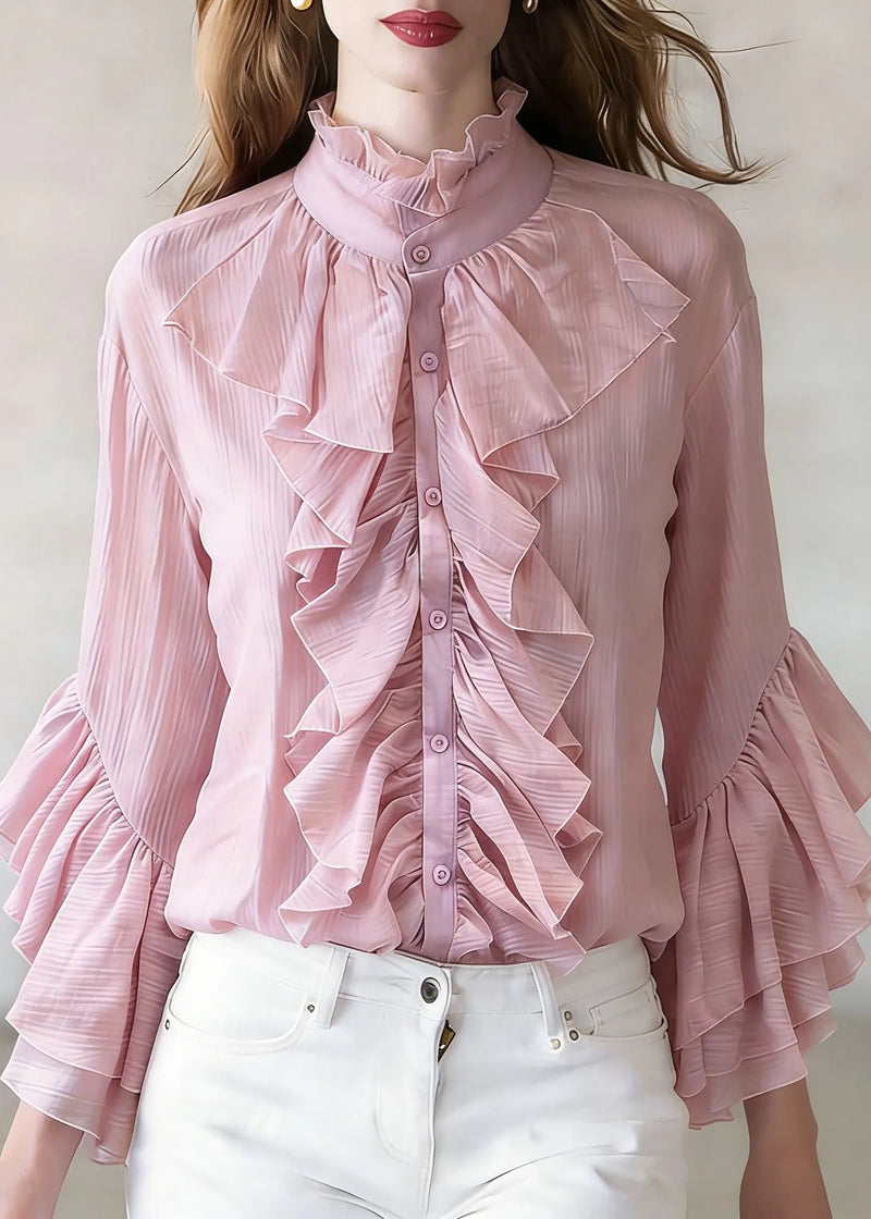 Loose Purple Ruffled Button Shirt Top Flare Sleeve