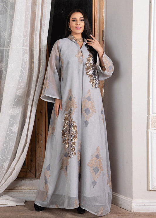 White Stand Collar Embroideried Sequins Tulle Maxi Dresses Long Sleeve Spring