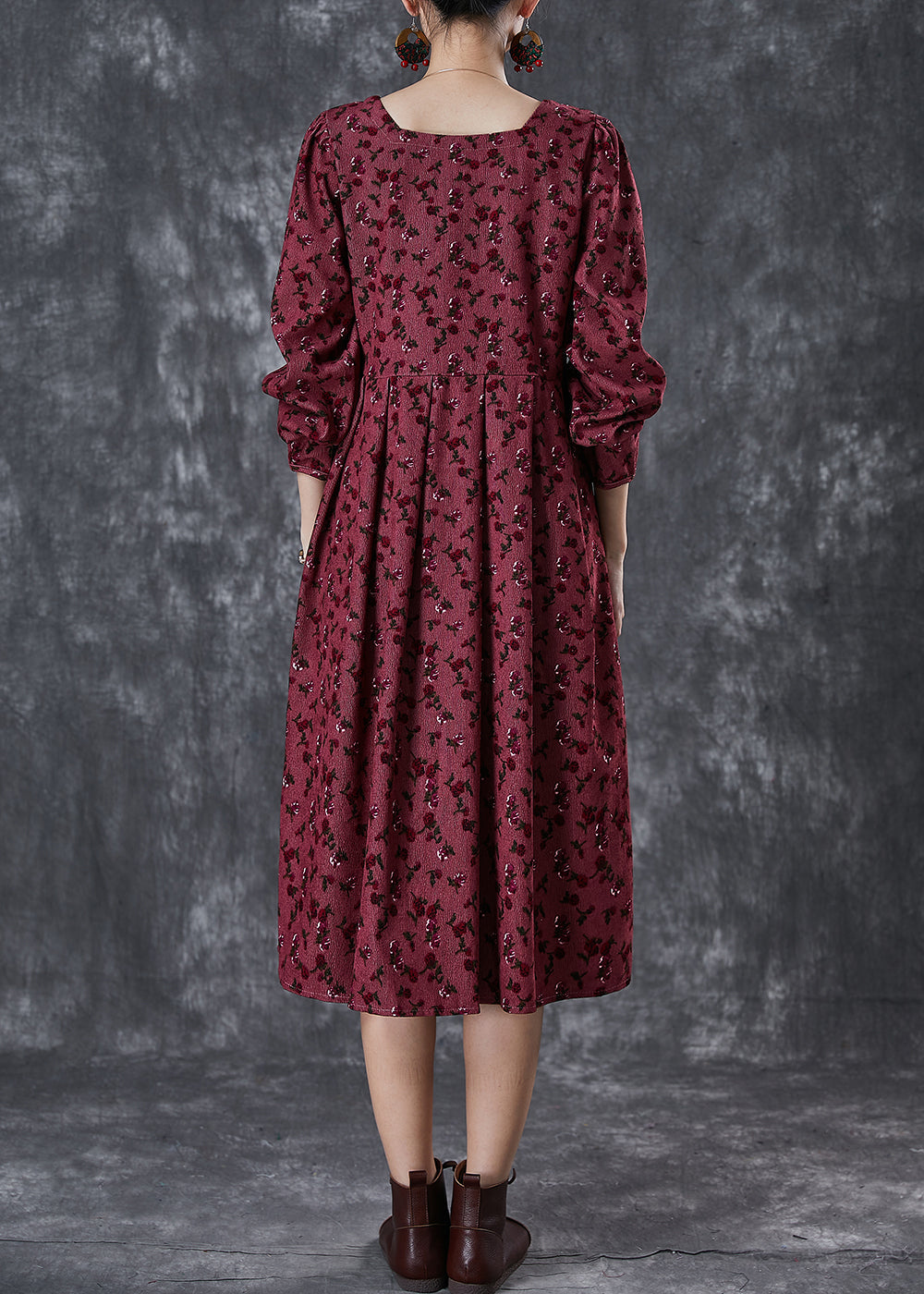Mulberry Square Collar Print Corduroy Robe Dresses Spring