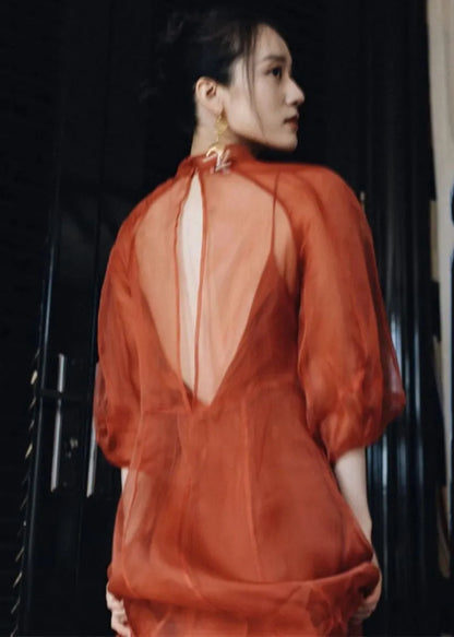 Orange Stand Collar Patchwork Tulle Maxi Dress Fall