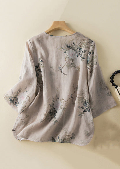 Retro Print O-neck Button Cotton Shirt Bracelet Sleeve