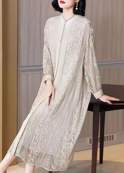 Beige Embroidered Button Silk Long Dresses Long Sleeve Spring