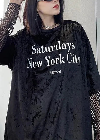 Loose Black Letter Tops Blouses O Neck Loose Spring Top