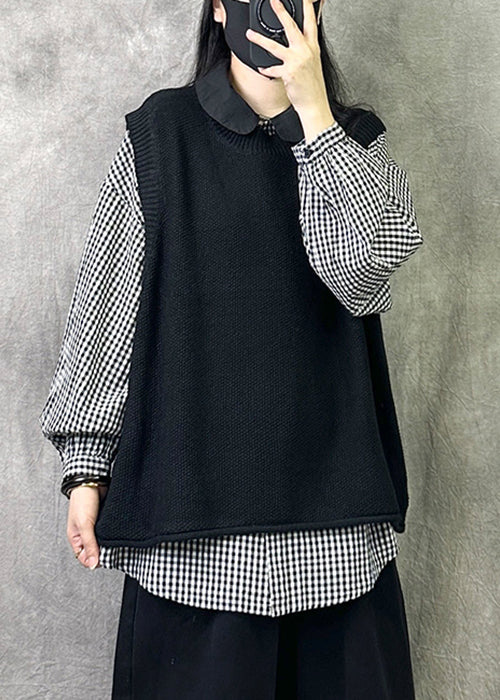 Loose Black O Neck Cozy Knit Waistcoat Sleeveless