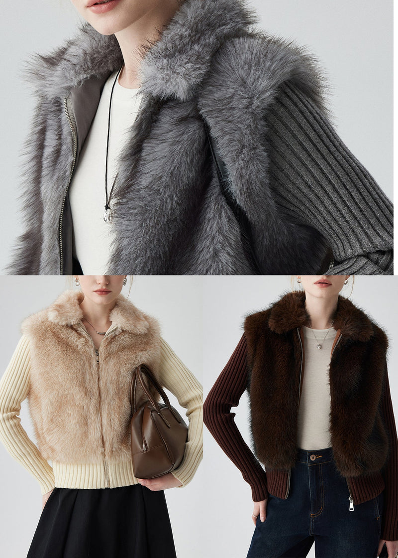 Beige Zip Up Patchwork Faux Fox Fur Knit Coat Winter