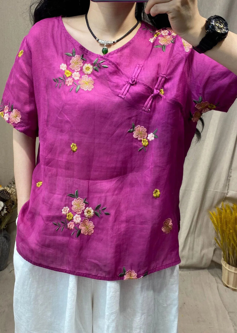 Rose O-neck Embroideried Button Side Open Linen Shirt Short Sleeve