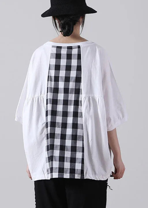 White Patchwork Cotton Shirt Top O-neck Asymmetrical Short Sleeve