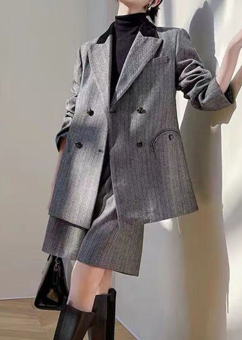 French Grey High Waist Coat and Shorts Thick Two Pieces Set Long Sleeve