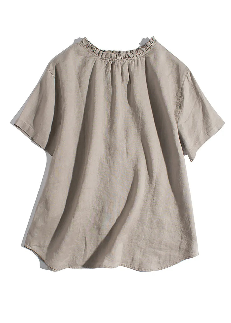 Simple Pink Ruffled Wear on Both Sides Linen Blouses Summer