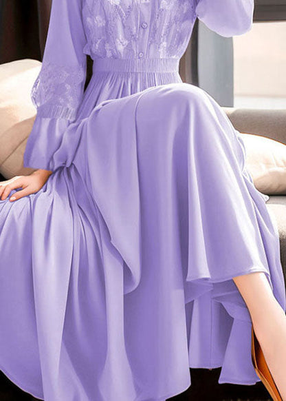 Purple Embroidered Lace Elastic Waist Maxi Dresses Fall