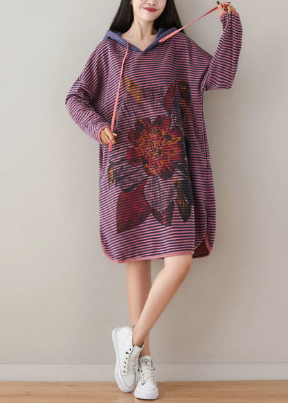 Purple Hooded Striped Print Cotton Sweatshirt Dress Spring