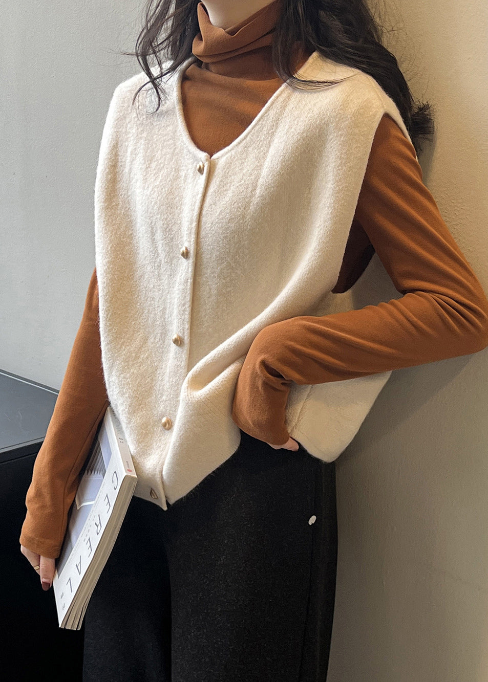 Khaki O Neck Button Knit Vest Tops Sleeveless