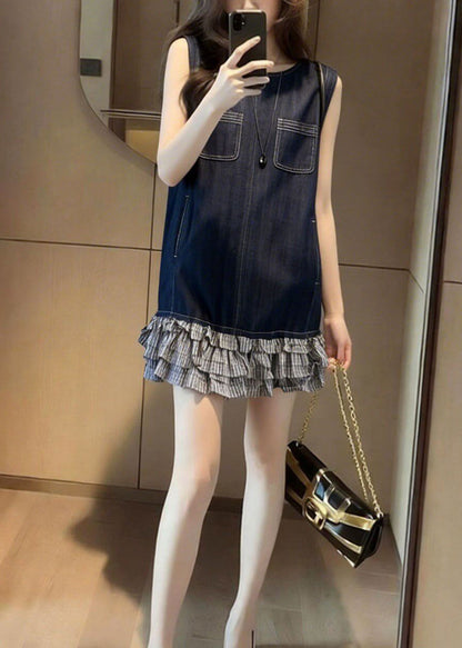 Navy Patchwork Denim Tea Dress Sleeveless