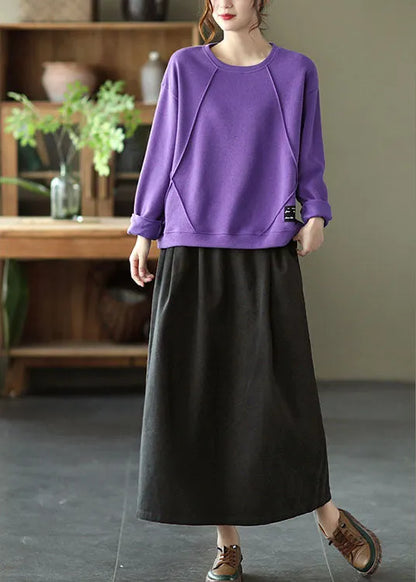 Purple O-neck Patchwork Knit Fall Pullover Street Wear