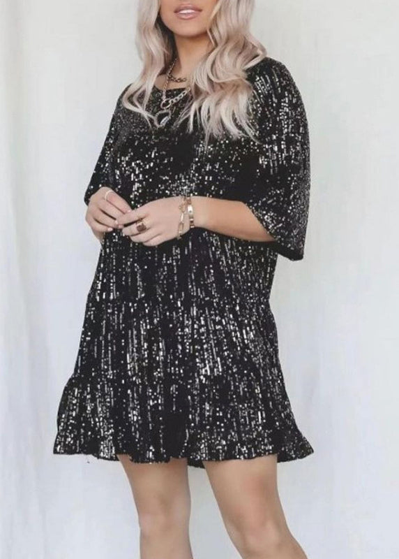 Silver O Neck Sequins Cotton Mid Dress Summer