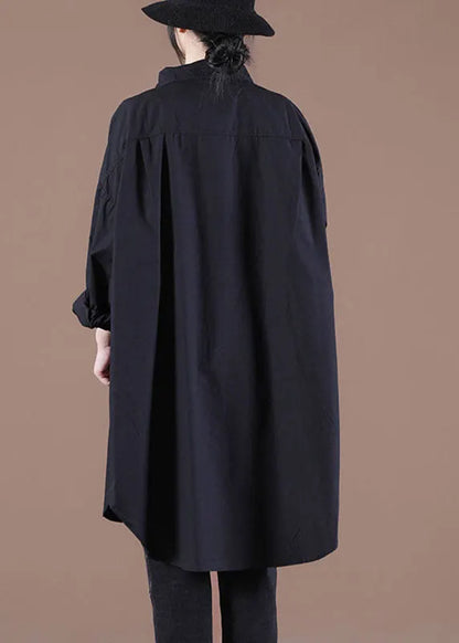 Handmade Black Loose Button Asymmetrical Design Fall Top Long Sleeve