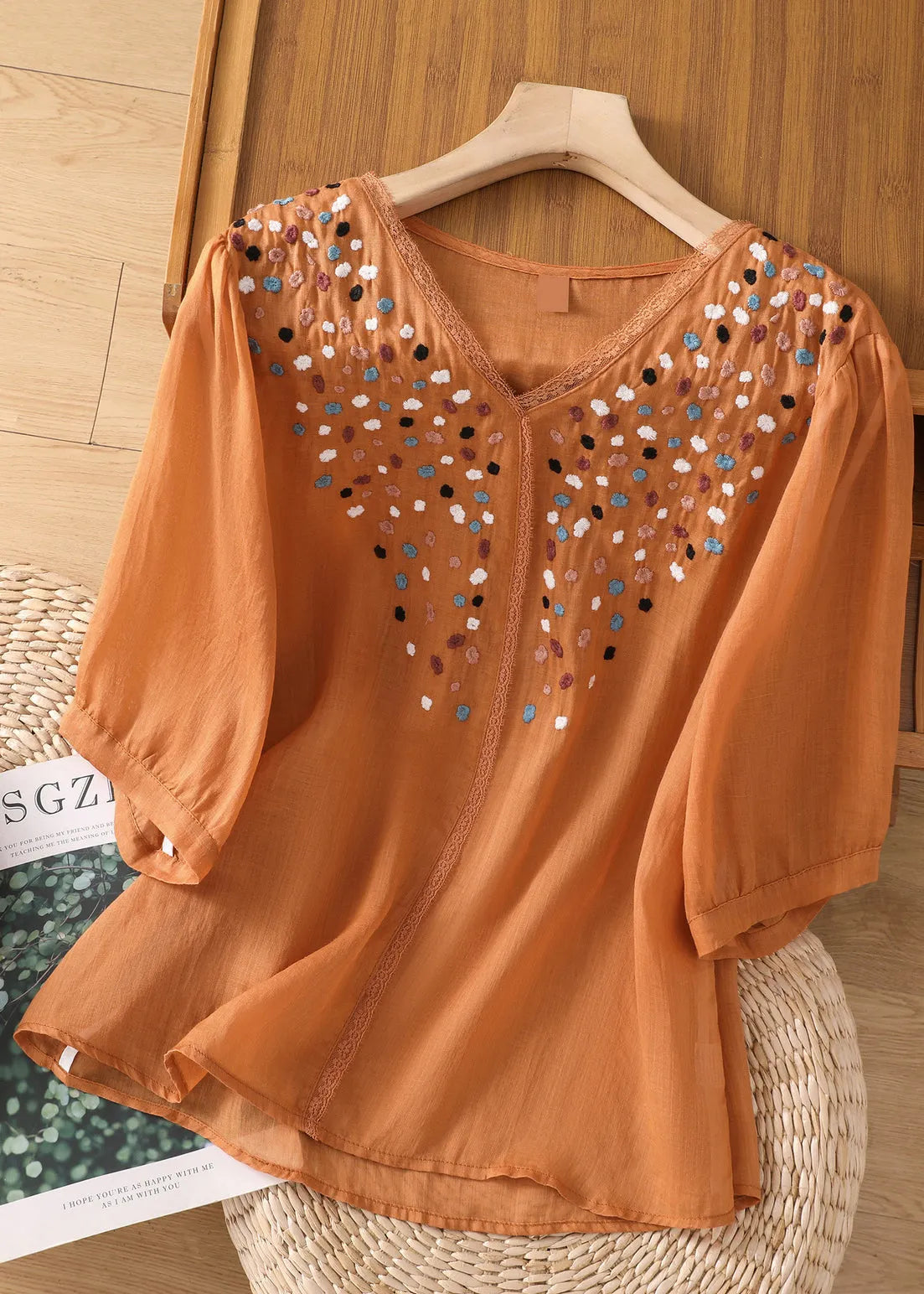 White Embroideried Patchwork Lace Linen Shirt Short Sleeve