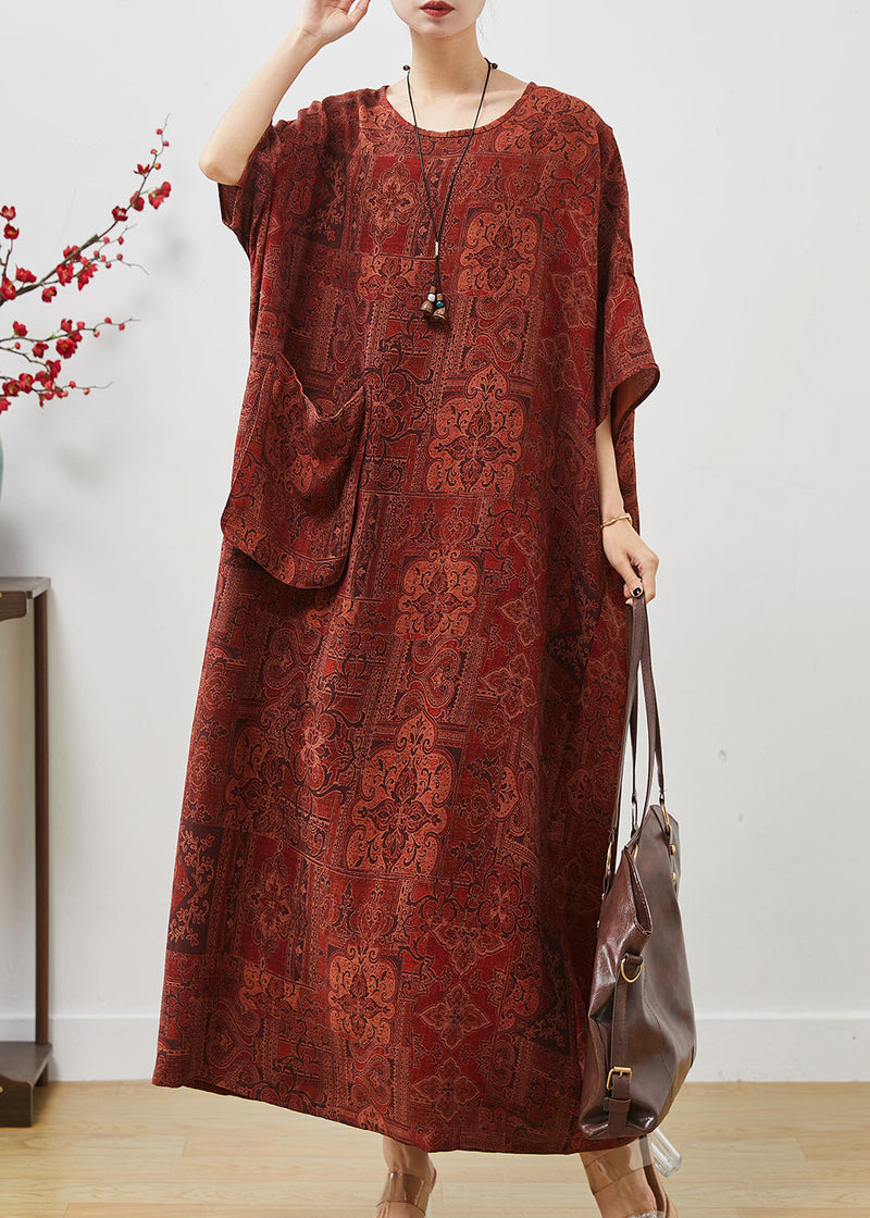 French Orange Oversized Print Cotton Ankle Dress Batwing Sleeve Summer