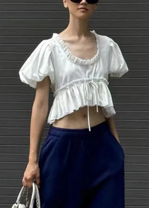 White U Neck Ruffled Cotton Shirt Puff Sleeve