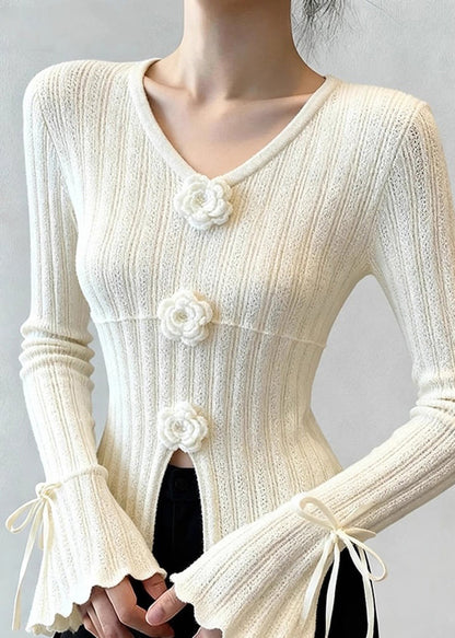 French White Patchwork Thin Knit Top Flare Sleeve