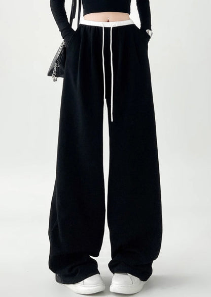Black Pockets Tie Waist Wide Leg Pants Spring