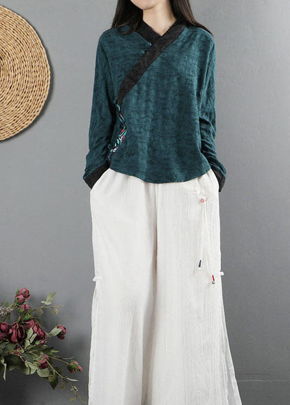 Tea Green V Neck Long Sleeve Shirts