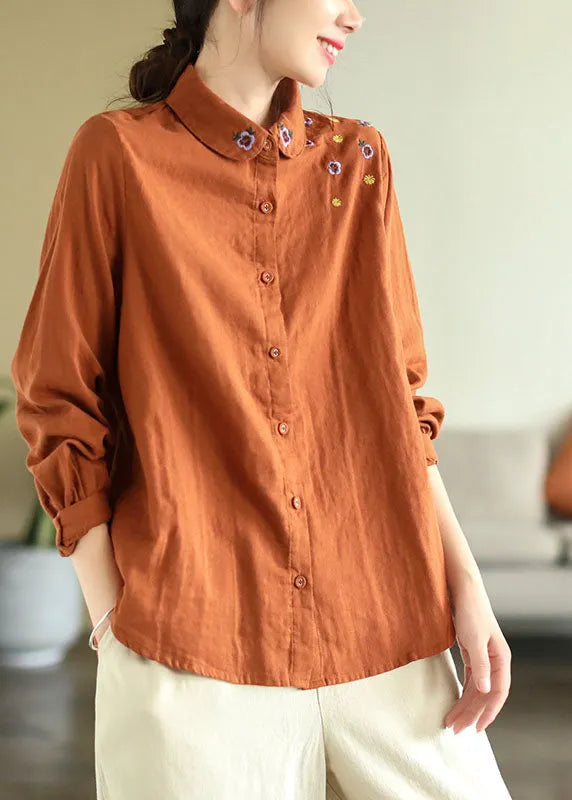 Diy Orange Turn-down Collar Embroideried Cotton Shirts Spring