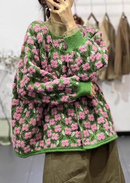 Pink O Neck Button Patchwork Cotton Knit Coats Long Sleeve