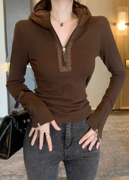 Coffee Zippered Patchwork Cotton Winter Shirt Hooded