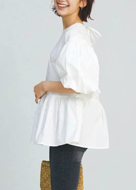 White O-neck Patchwork Cotton Shirt Puff Sleeve