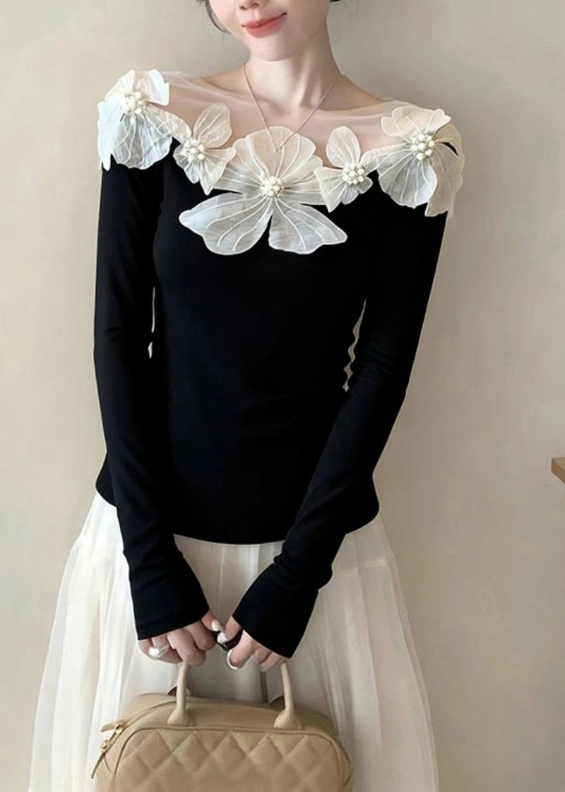 Stylish Black Slash Neck Nail Bead Knit Tops Spring