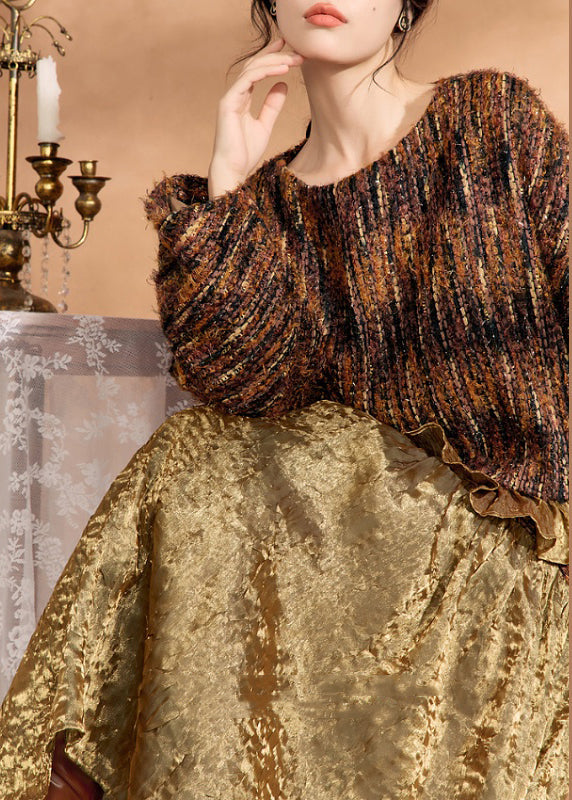 Brown Knit Sweaters and Silk Skirts Two Pieces Set Fall