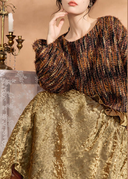 Brown Knit Sweaters and Silk Skirts Two Pieces Set Fall