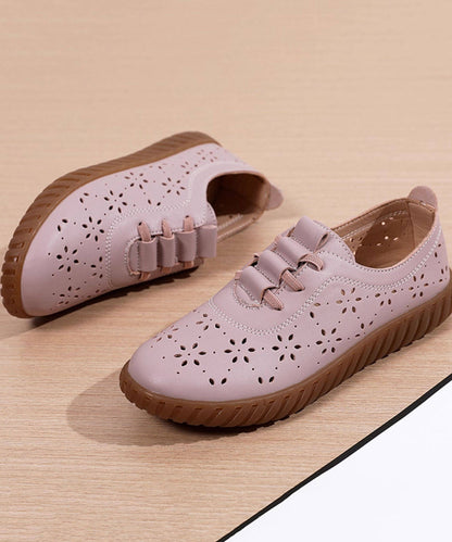 Retro Hollow Out Flat Shoes Purple Cowhide Leather