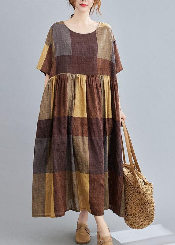 French Khaki Plaid Patchwork Summer Half Sleeve Holiday Dress