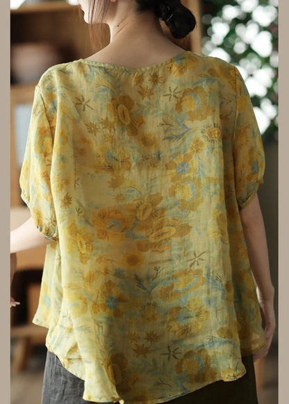 Yellow O-neck Button Linen Short Sleeve